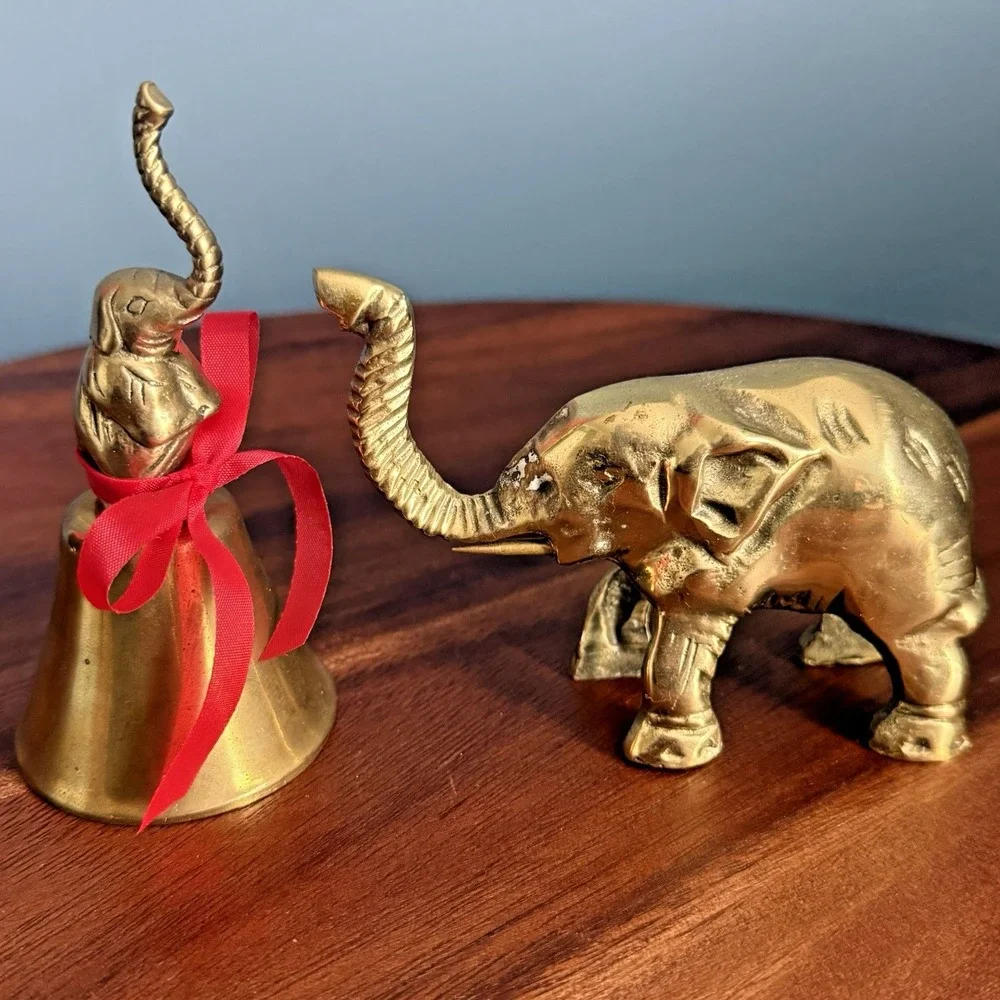 Lot of 2 Vintage Brass Elephants Figurine Bell Lucky Trunk Up Trinkets Mini